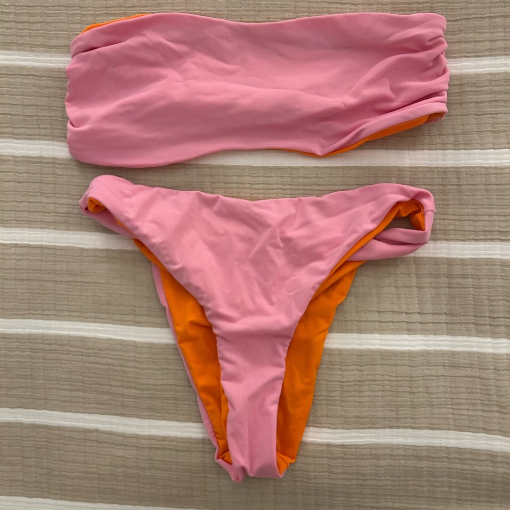 Solid & Striped Reversible Orange And Pink Bikini… - image 1